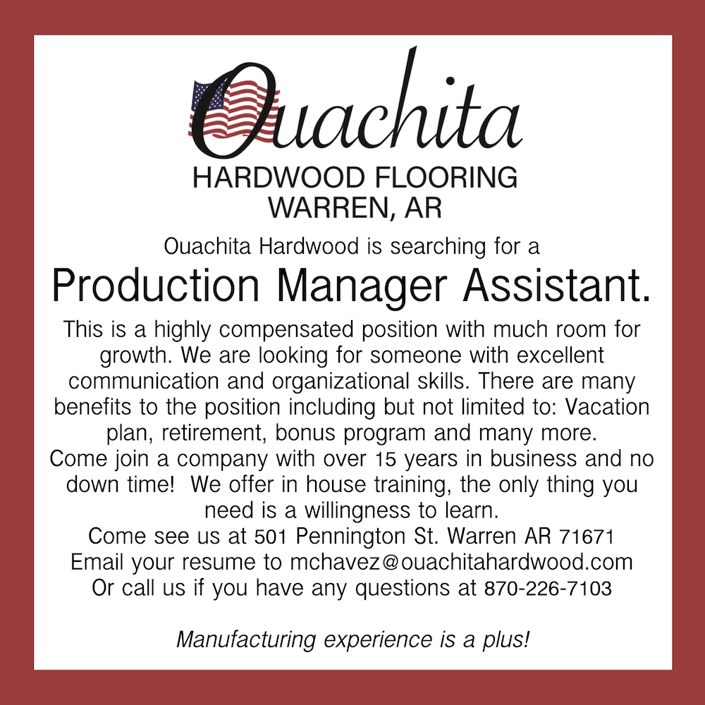 Ouachita Hardwood Job Opening-Production Manager Assistant