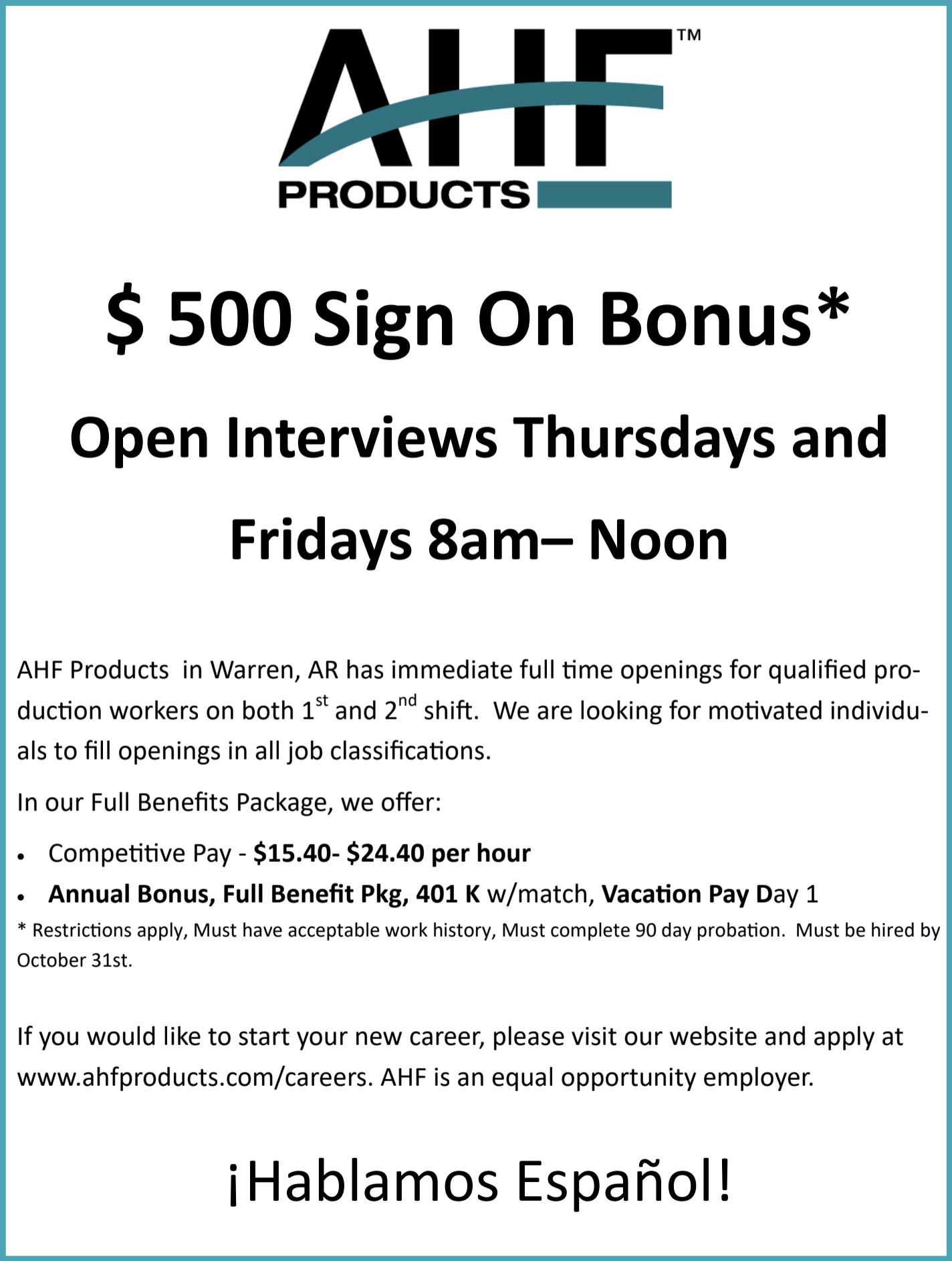 AHF Products is hiring-$500 Sign On Bonus*