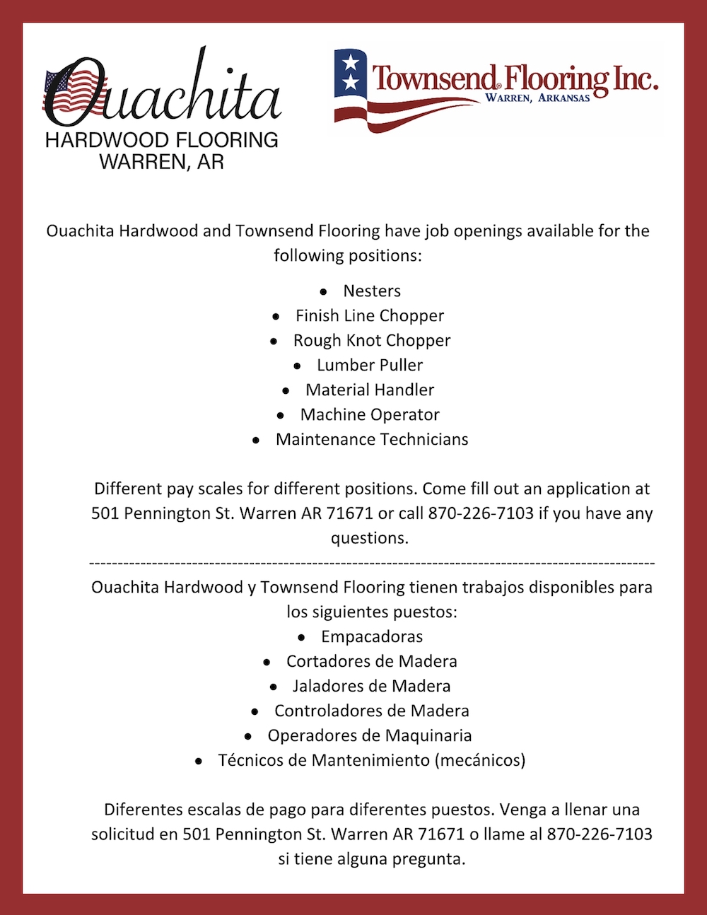 Ouachita Hardwood and Townsend Flooring have job openings