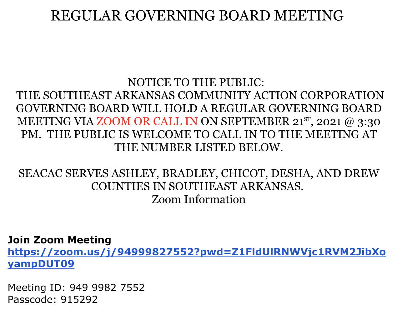 SEACAC Regular Governing Board Meeting September 21