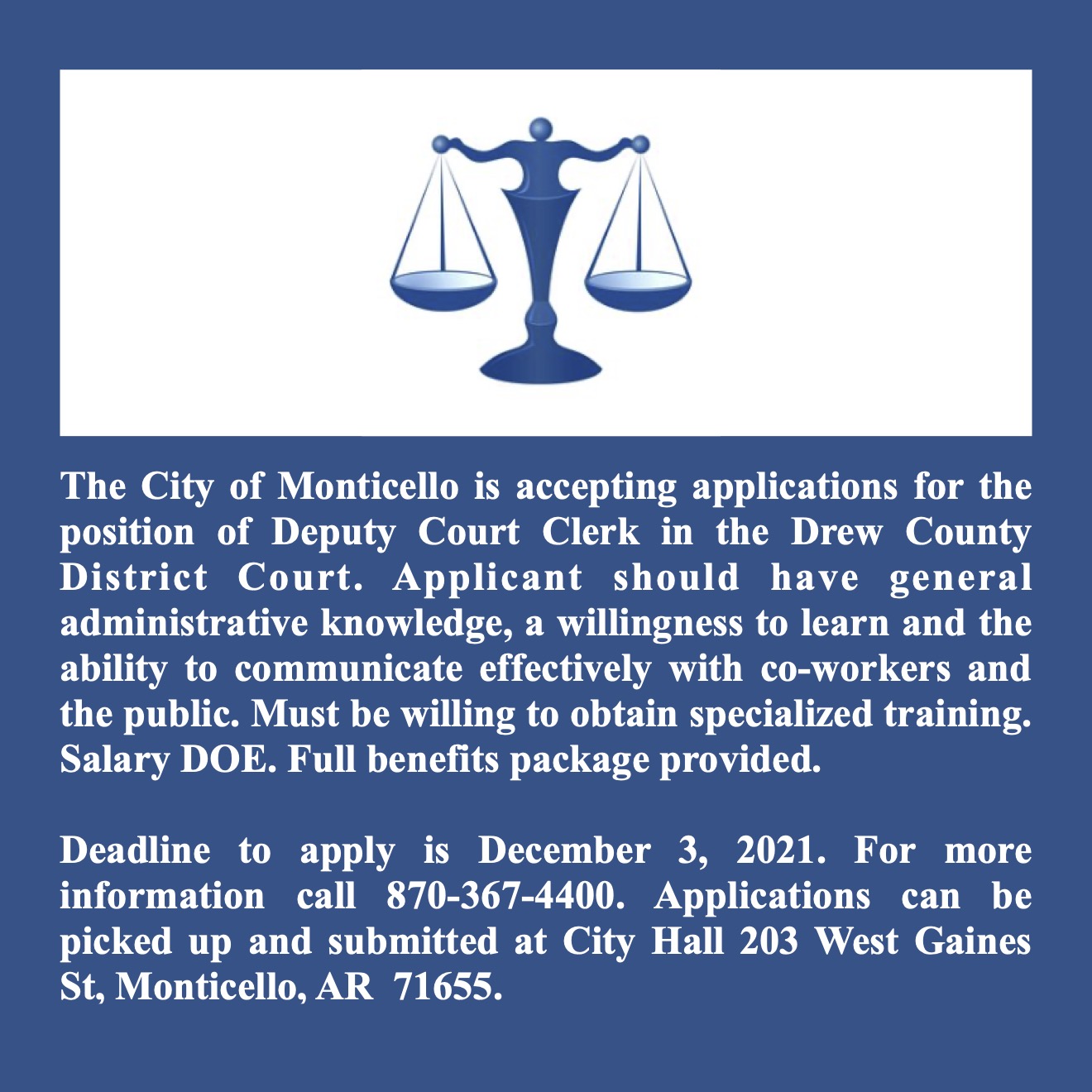 City of Monticello accepting applications for Deputy Court Clerk