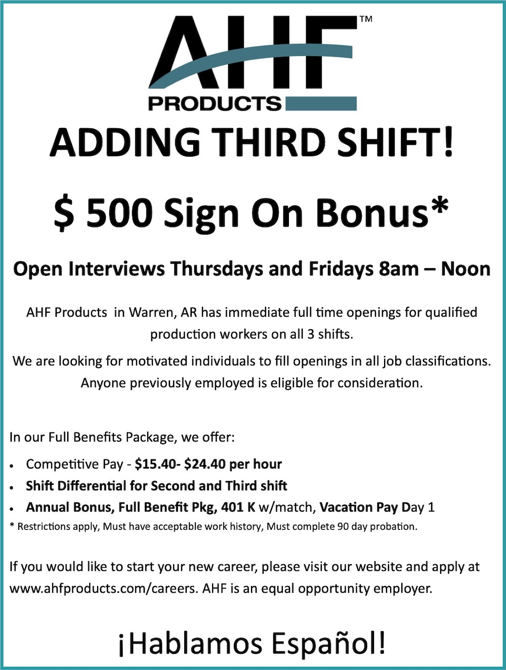 AHF Products-Adding Third Shift!-$500 Sign on Bonus*