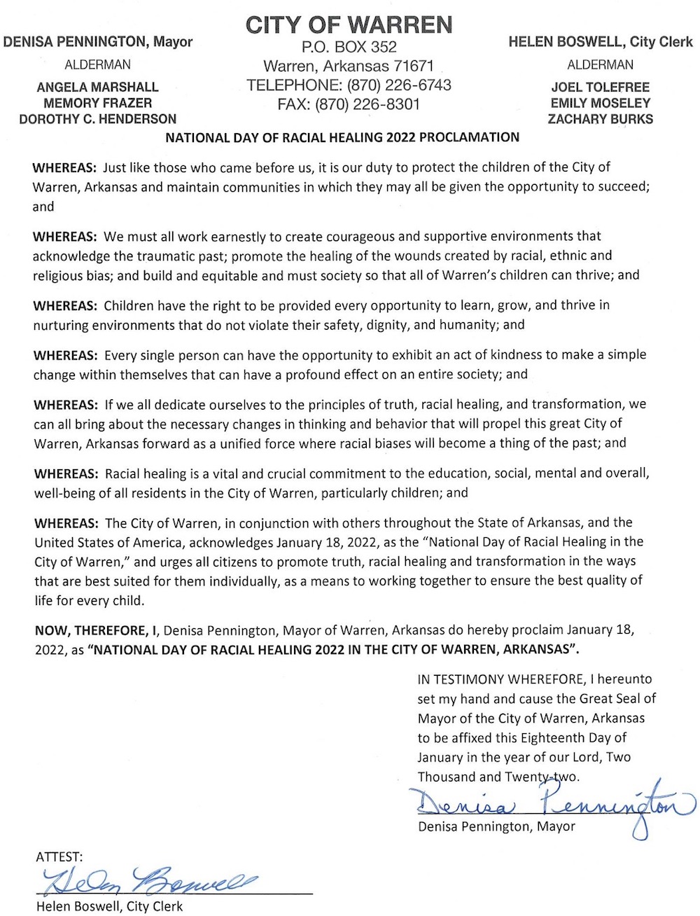 Mayor Pennington proclaims January 18, 2022 as National Day of Racial Healing 2022 in the City of Warren