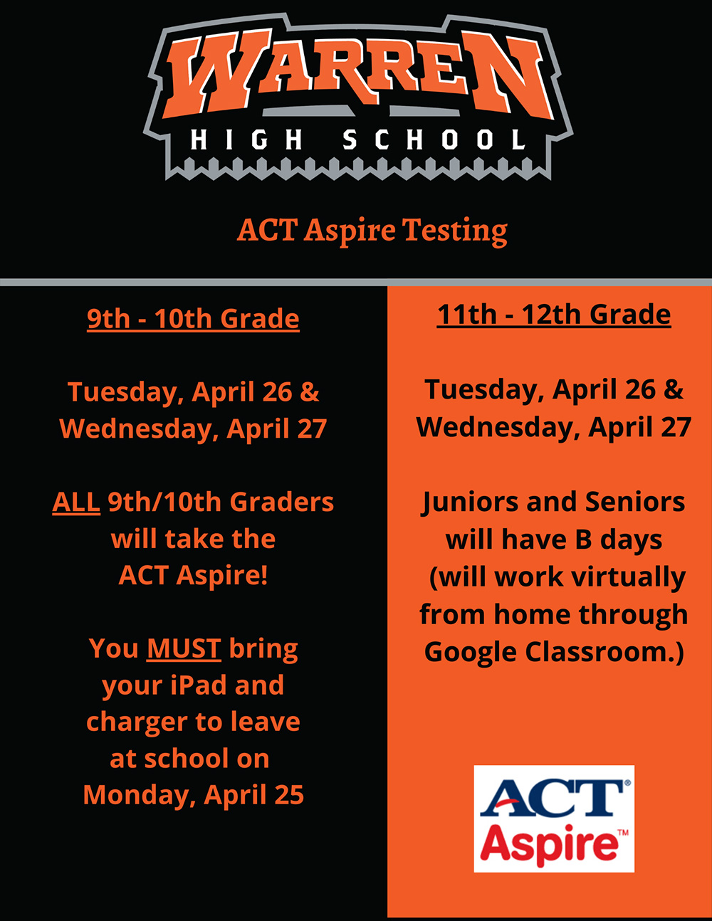 Warren High ACT Aspire testing schedule