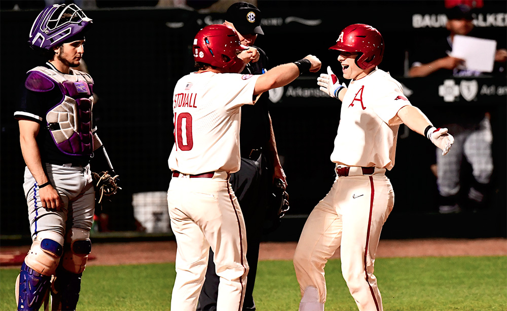 Leach hits for cycle in Hogs’ wild win