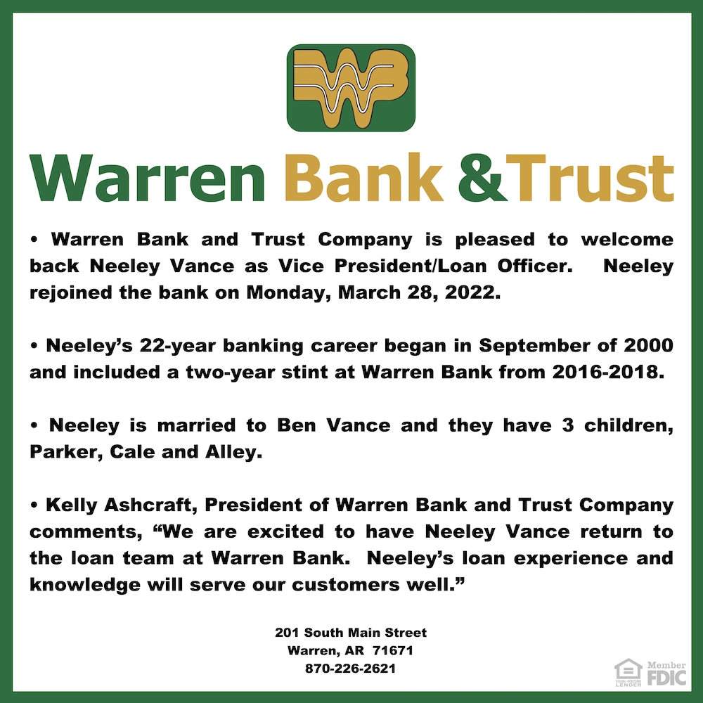 Warren Bank & Trust welcomes back Neeley Vance