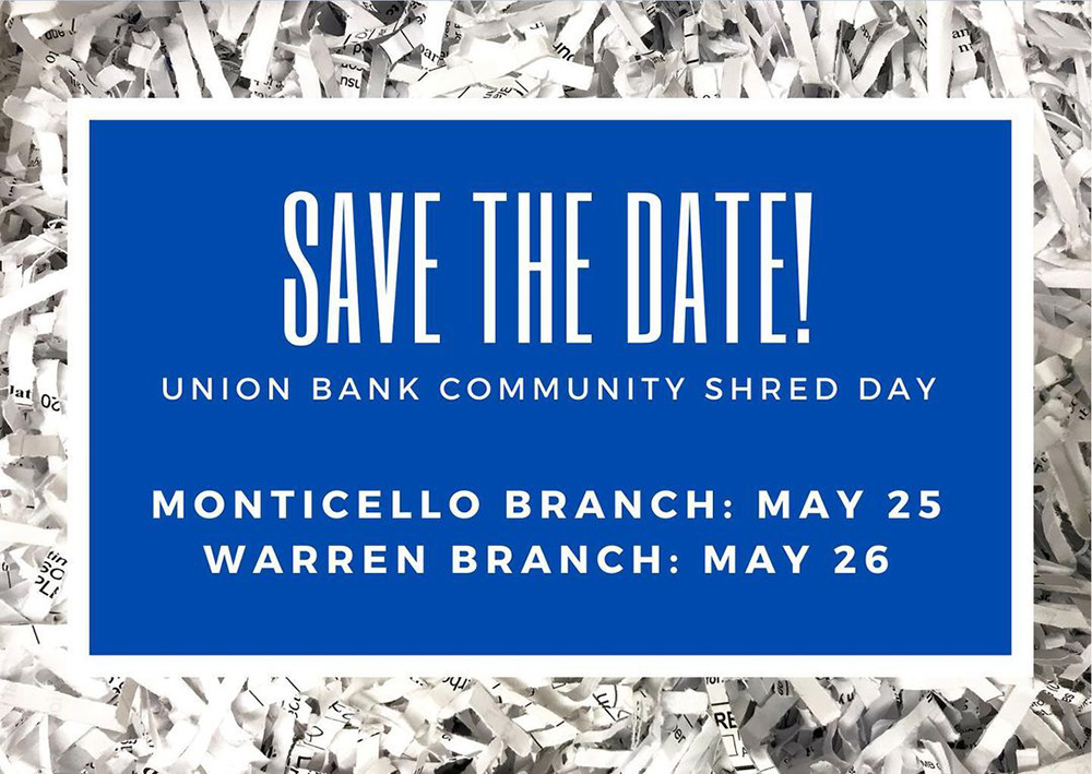 Union Bank Community Shred Day TODAY at Warren Branch 9 a.m.-12 p.m.