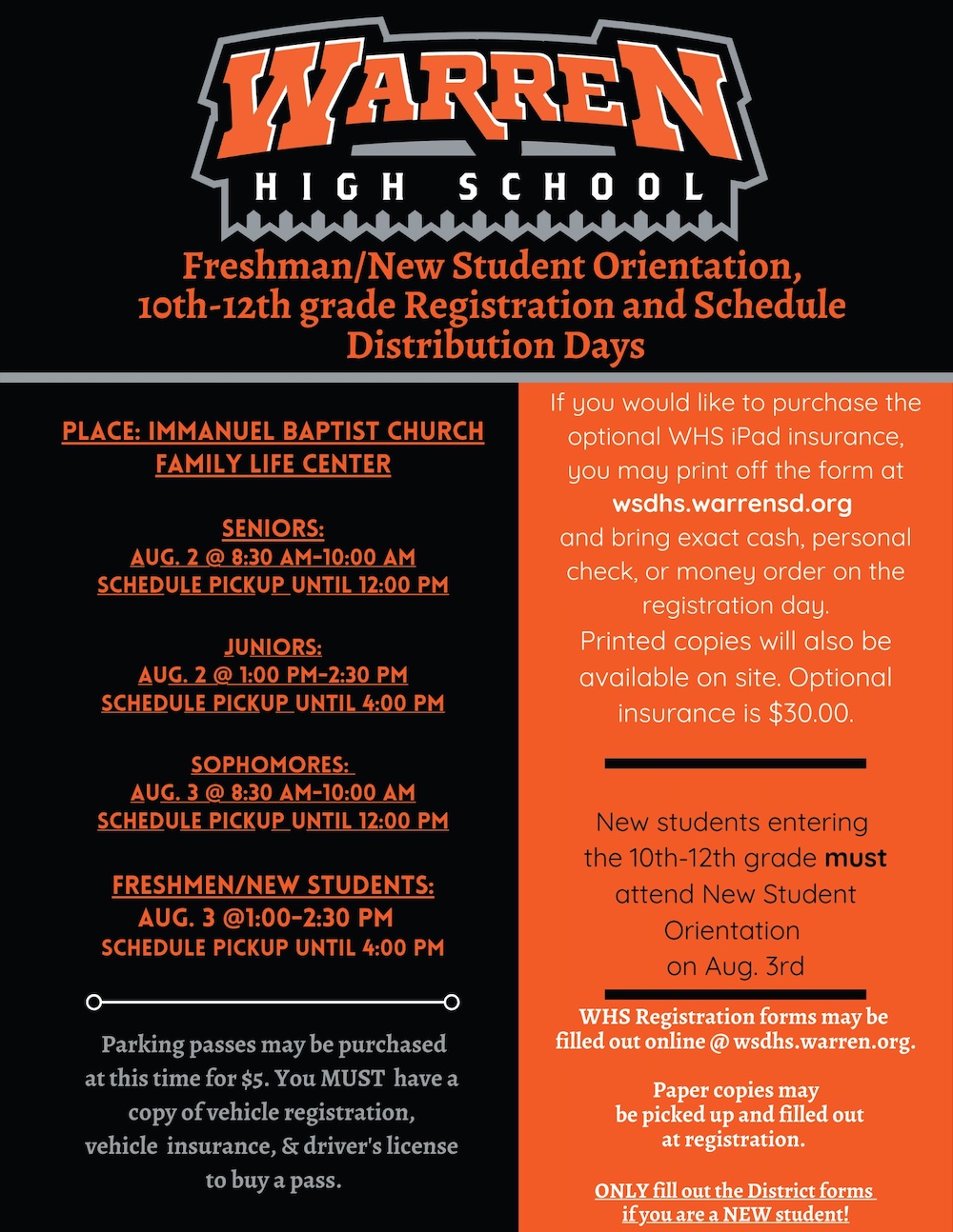 WHS freshman and new student orientation details