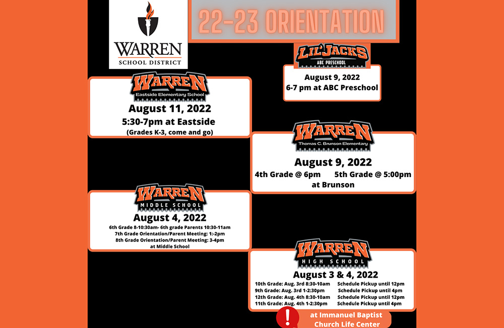 WHS orientation/registration date change, + Eastside, ABC Preschool, Middle School, and Brunson orientation dates