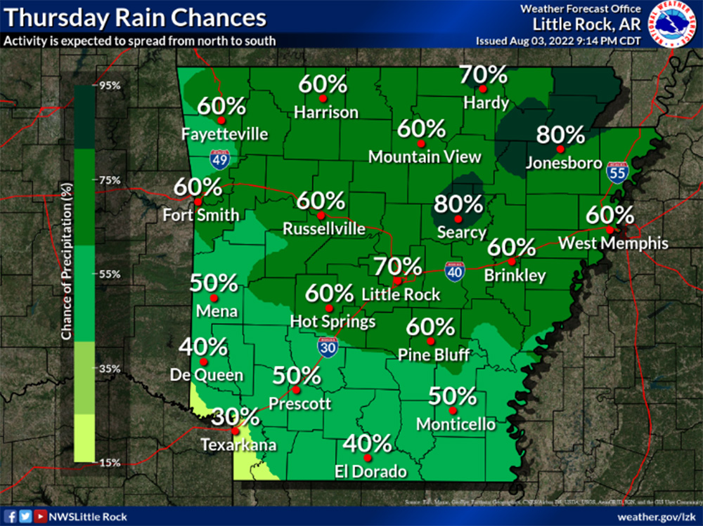 National Weather Service increases rain chances for Thursday afternoon