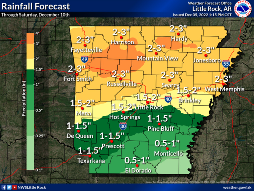 Southern Arkansas projected to receive between .5-1 inch of rain through Saturday