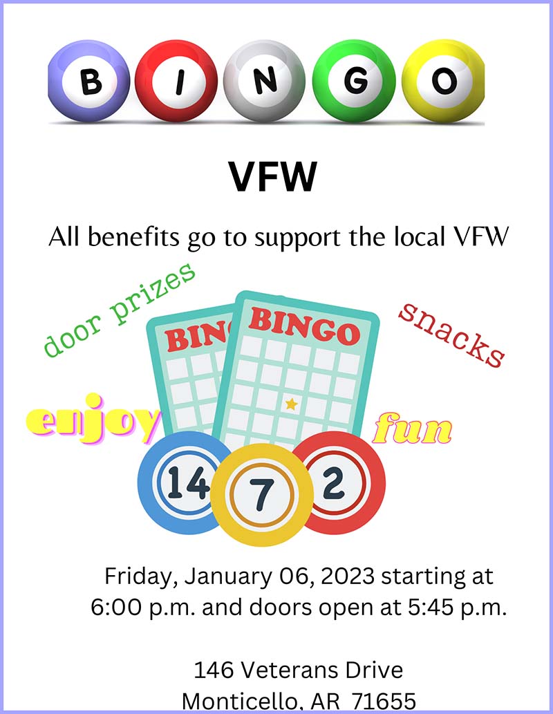 VFW Bingo in Monticello Friday at 6pm
