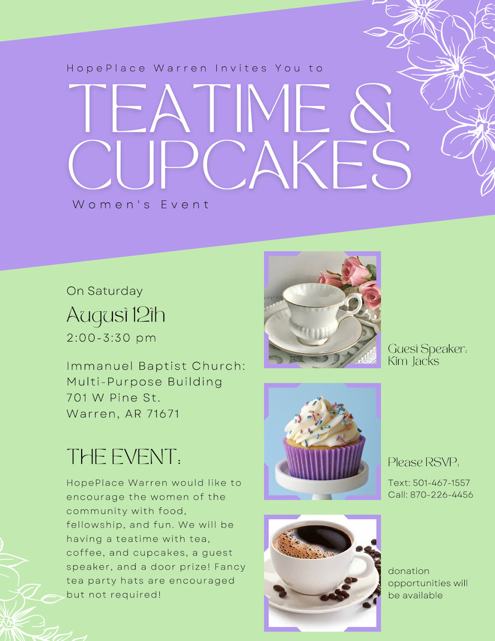 HopePlace Warren invites you to Tea Time and Cupcakes
