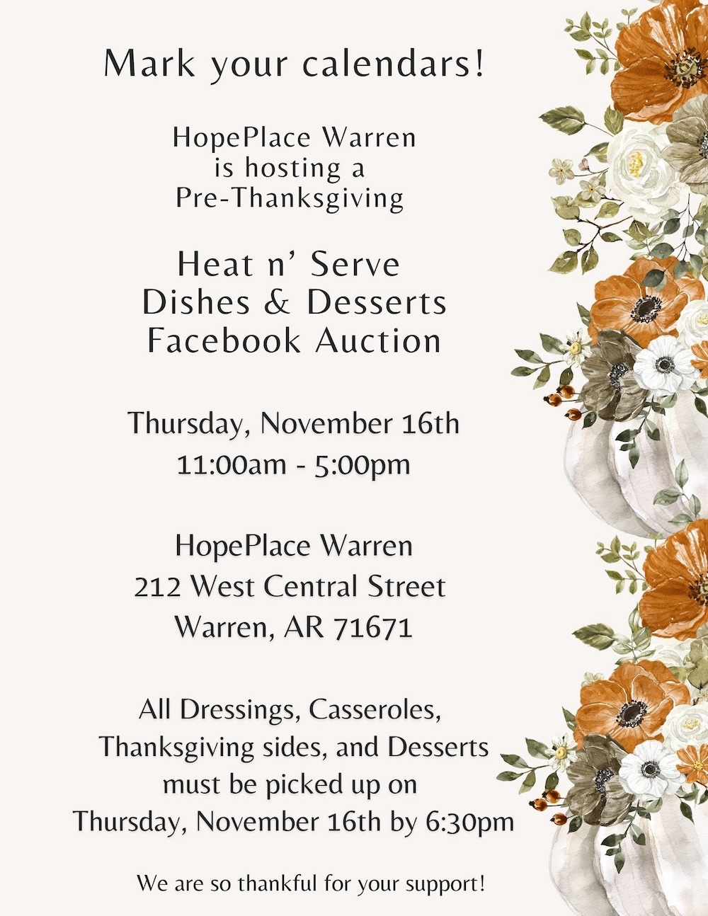 HopePlace Warren to host Facebook Auction ahead of Thanksgiving, November 16th