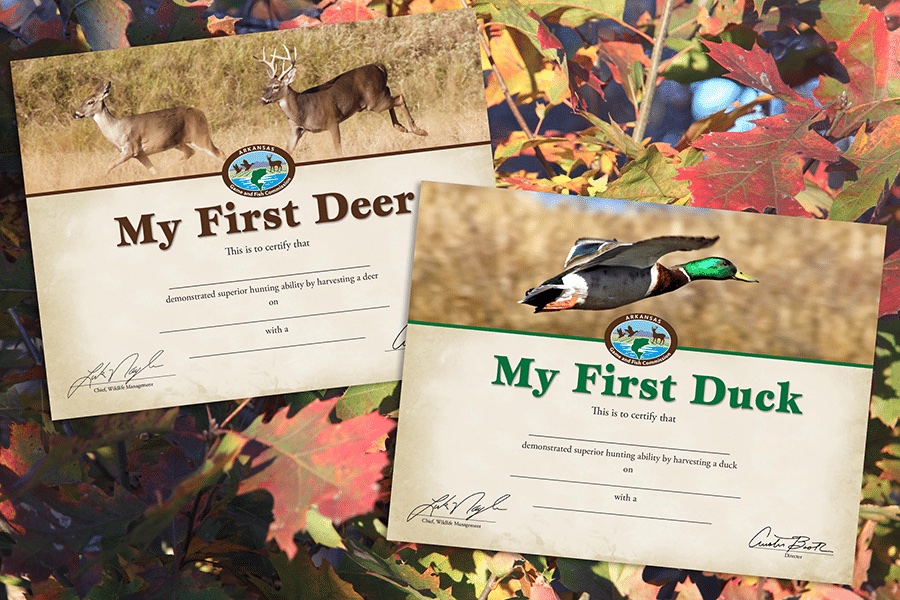 Memorialize their first outdoors adventure with first duck, first deer certificates from AGFC