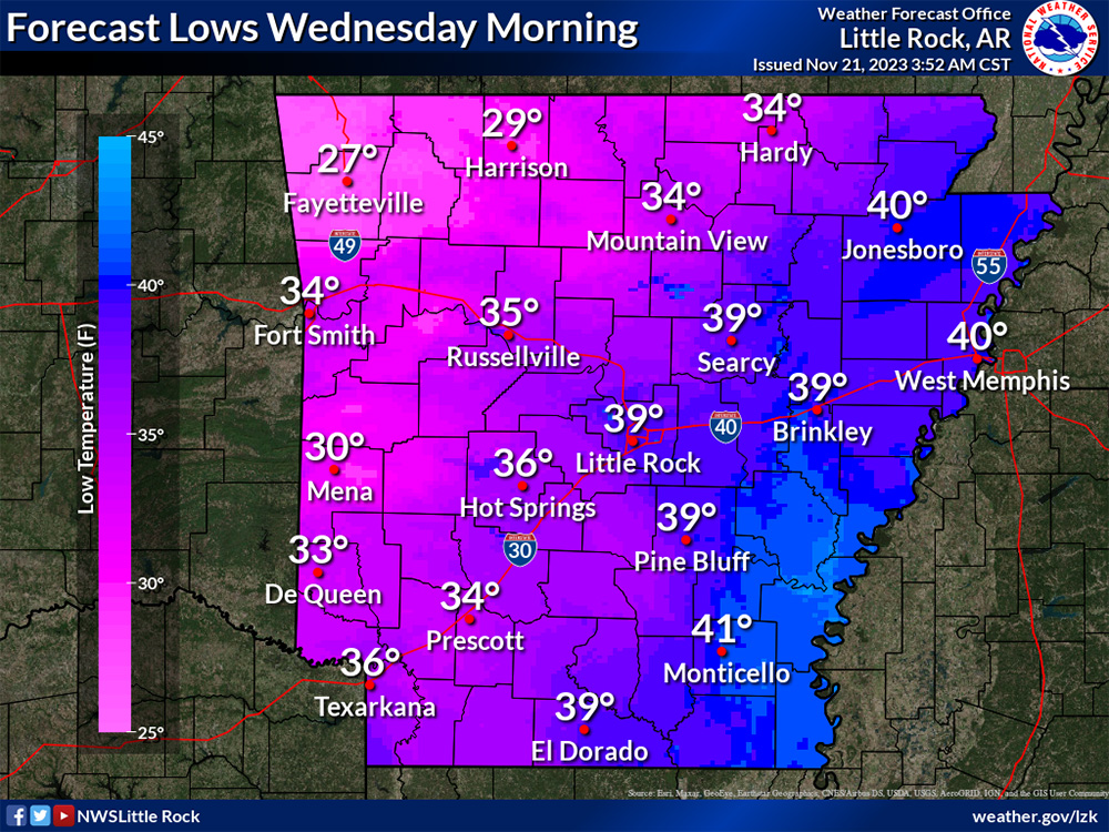 Wednesday morning low near 41