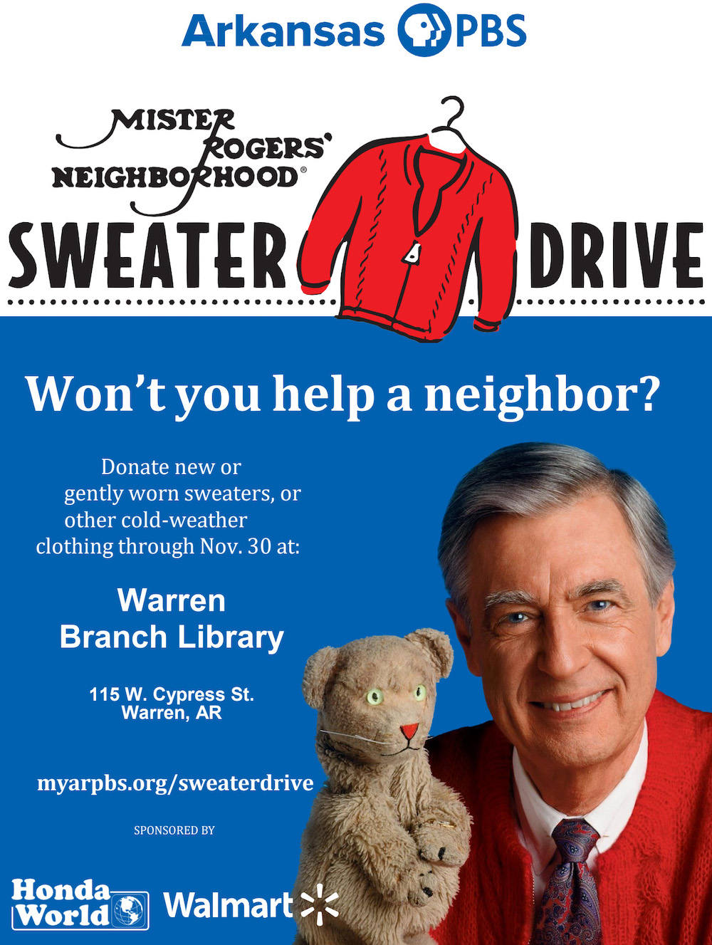 Library hosting Mister Rogers’ Neighborhood Sweater Drive
