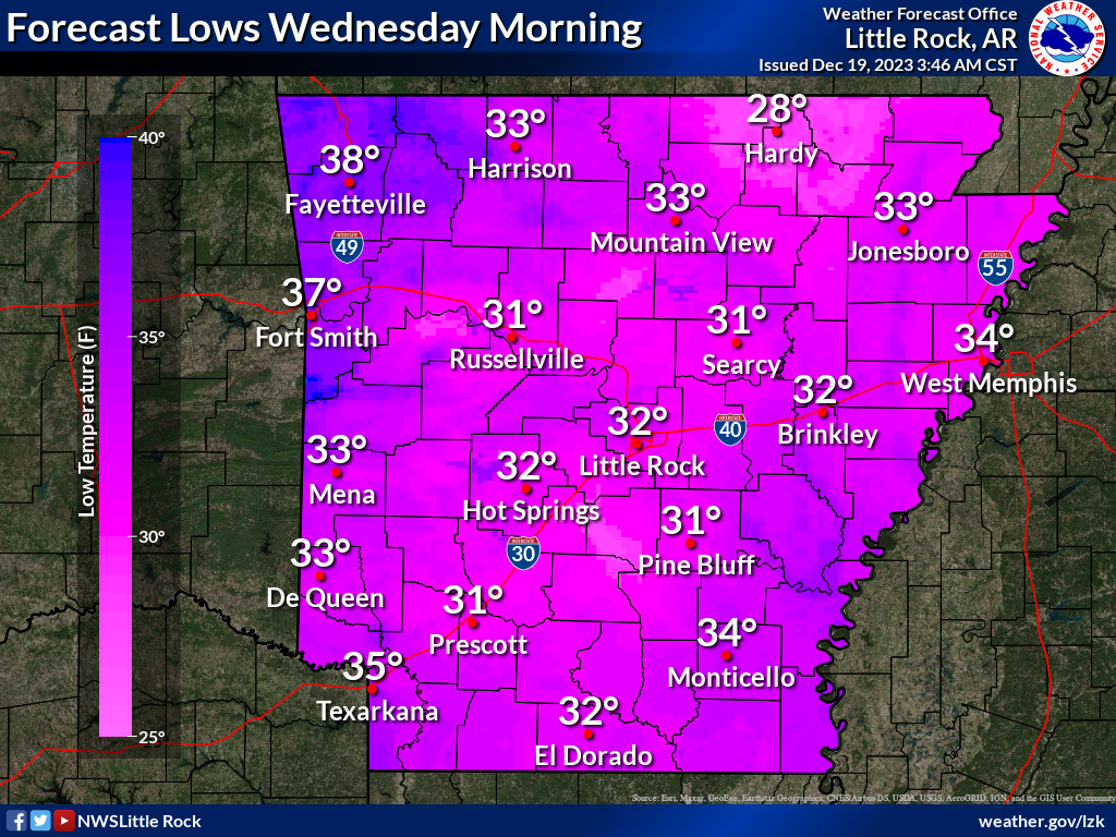 Wednesday morning lows expected near 34