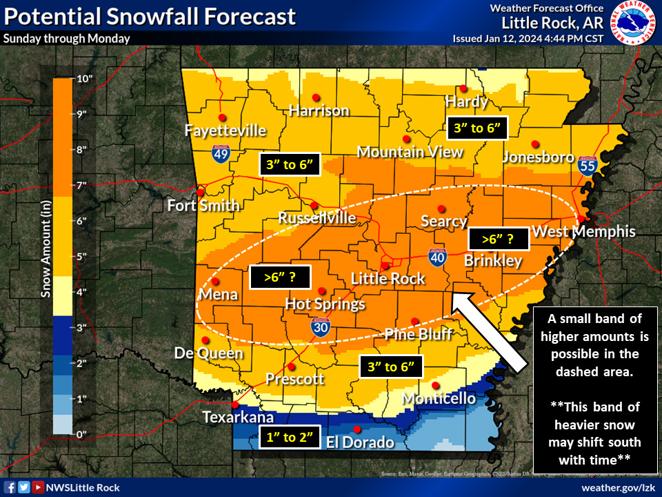 National Weather Service says portions of Bradley County could receive up to 3 to 6 inches of snow Sunday through Monday