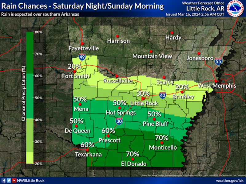 Rain likely Saturday night and chance into Sunday morning