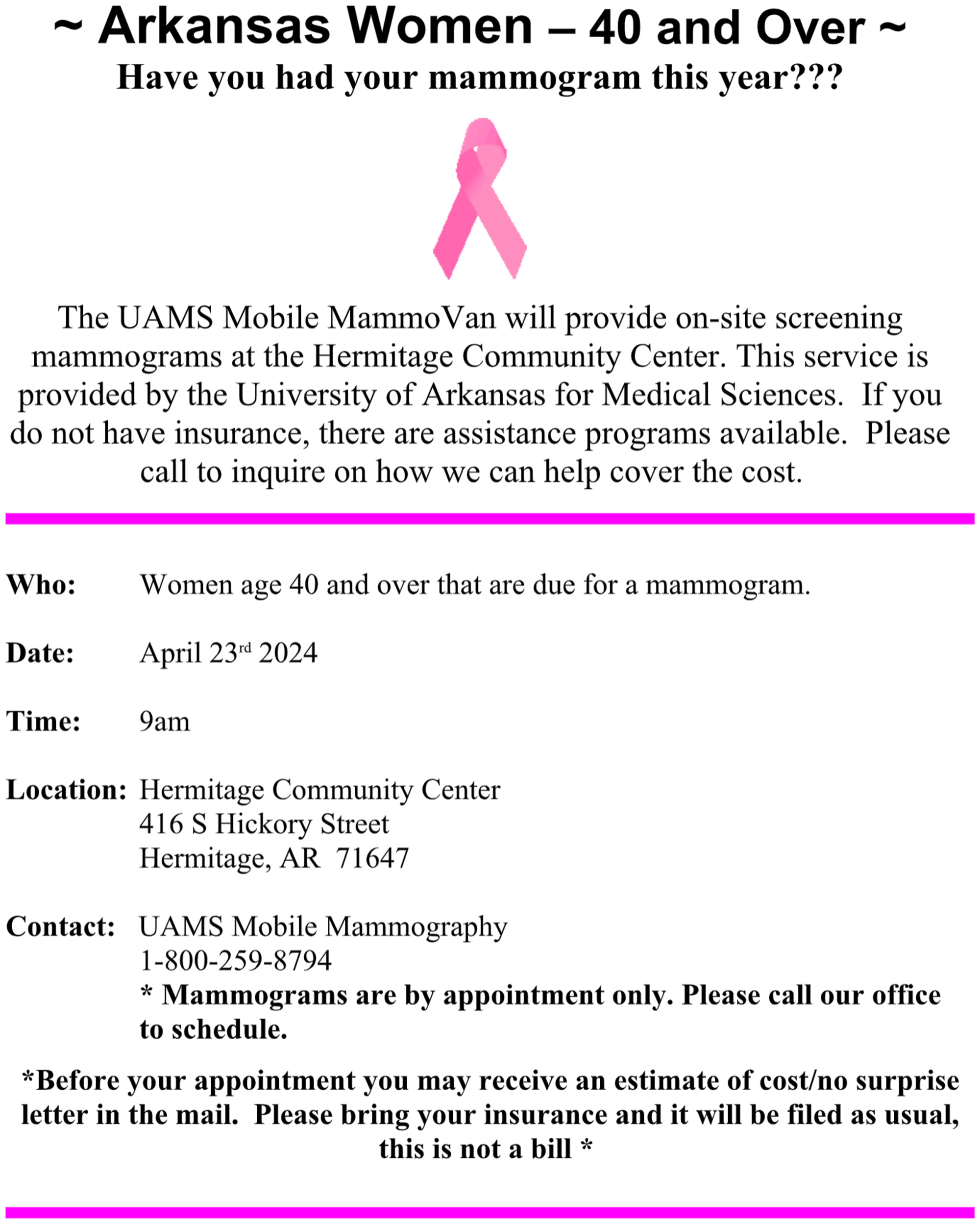 UAMS Mobile MammoVan coming to Hermitage Community Center April 23rd
